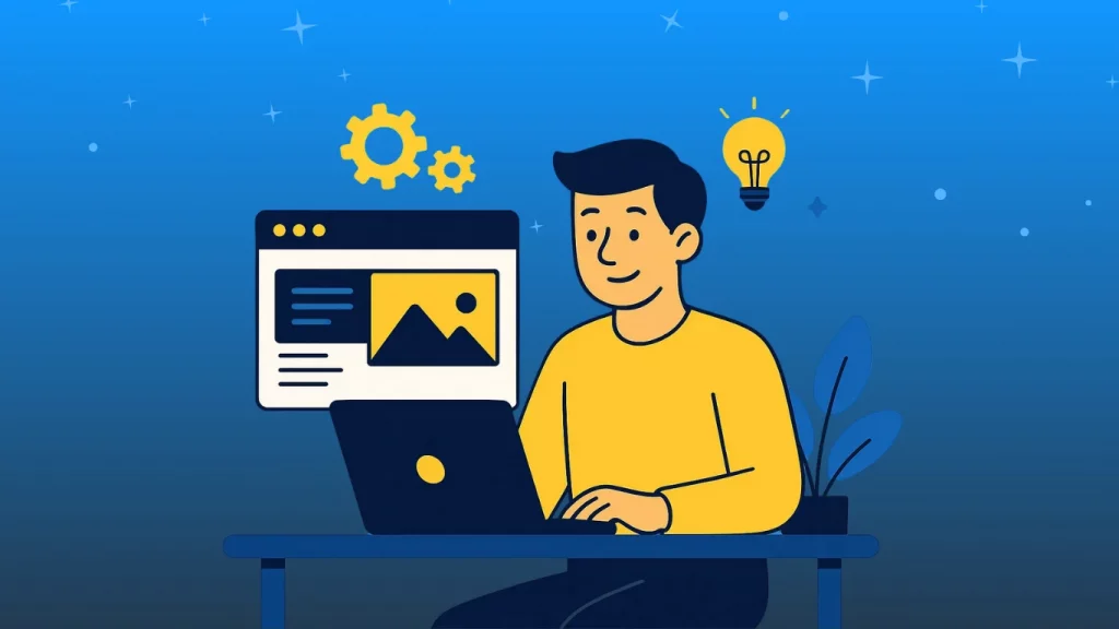 Mes premiers pas dans l’entrepreneuriat 5 Jeune développeur souriant devant son site en construction, illustrant le lancement d’un projet web.