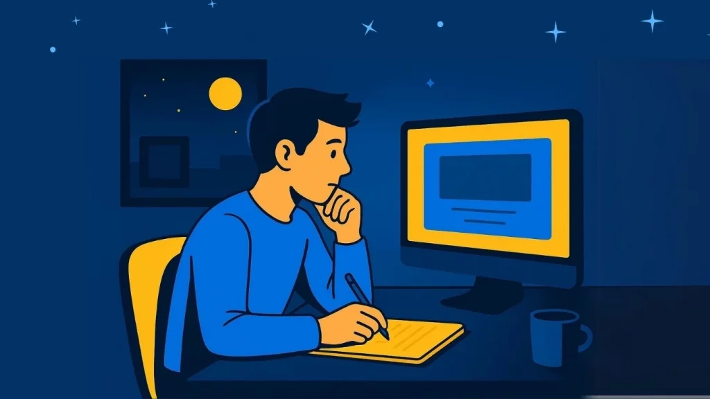 Mes premiers pas dans l’entrepreneuriat 4 Jeune développeur web faisant ses premiers pas dans l'entrepreneuriat, face à un écran, en pleine réflexion stratégique.