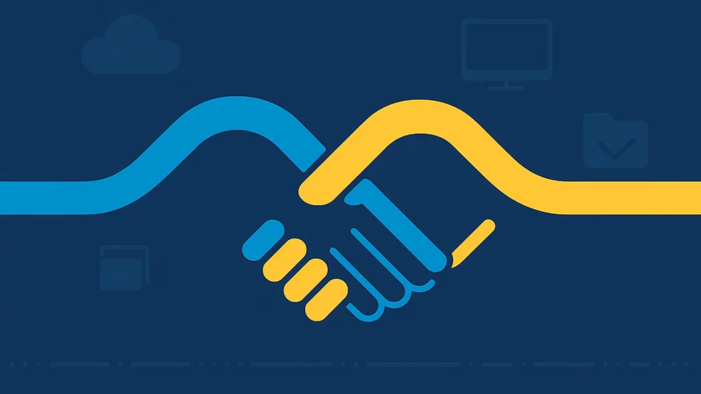 Accompagner une association dans sa digitalisation : Le récit d'une collaboration durable 4 Poignée de main stylisée bleu et jaune illustrant l’idée d’accompagner une association dans sa digitalisation.