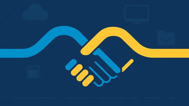 Poignée de main stylisée bleu et jaune illustrant l’idée d’accompagner une association dans sa digitalisation.