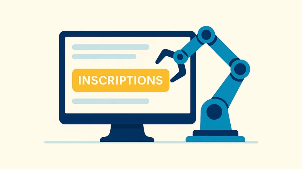 Accompagner une association dans sa digitalisation : Le récit d'une collaboration durable 6 Illustration en flat design d’un bras robotisé automatisant un processus d’inscription, étape clé de la digitalisation d’une association.